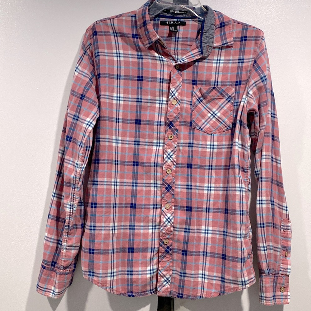 21Men Pink Blue Plaid 100% Cotton Long Sleeves Buttons Up Women's Shirt Size XS!